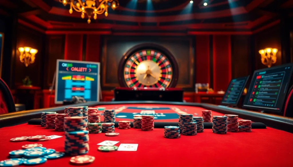 Experience thrilling gameplay at OK365 with poker chips and cards on a luxurious casino table.