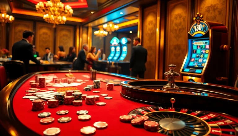 Experience the thrilling ambiance of nova88's luxurious casino gaming scene with poker chips and roulette.
