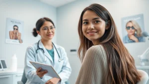 現代的な医療クリニックにおける女性の薄毛治療の相談シーン。思いやりのある医師と患者の対話を紹介。