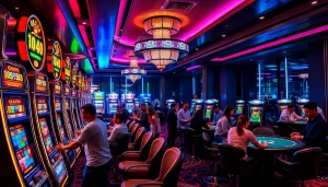 Một người chơi đang tận hưởng bầu không khí chơi game sôi động tại CG79 Casino, tương tác với máy đánh bạc và bàn poker.