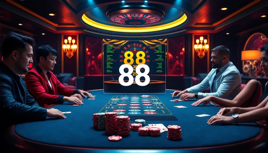 Exciting casino table with players showcasing 88i gambling strategy and vibrant poker chips.