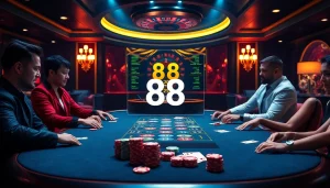Exciting casino table with players showcasing 88i gambling strategy and vibrant poker chips.