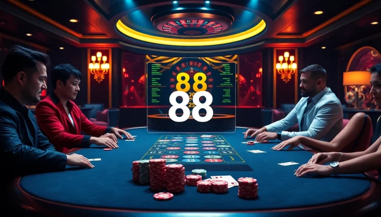 Exciting casino table with players showcasing 88i gambling strategy and vibrant poker chips.