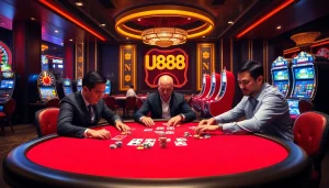 U888 gaming table with high-stakes poker, vibrant chips, and professional ambiance.