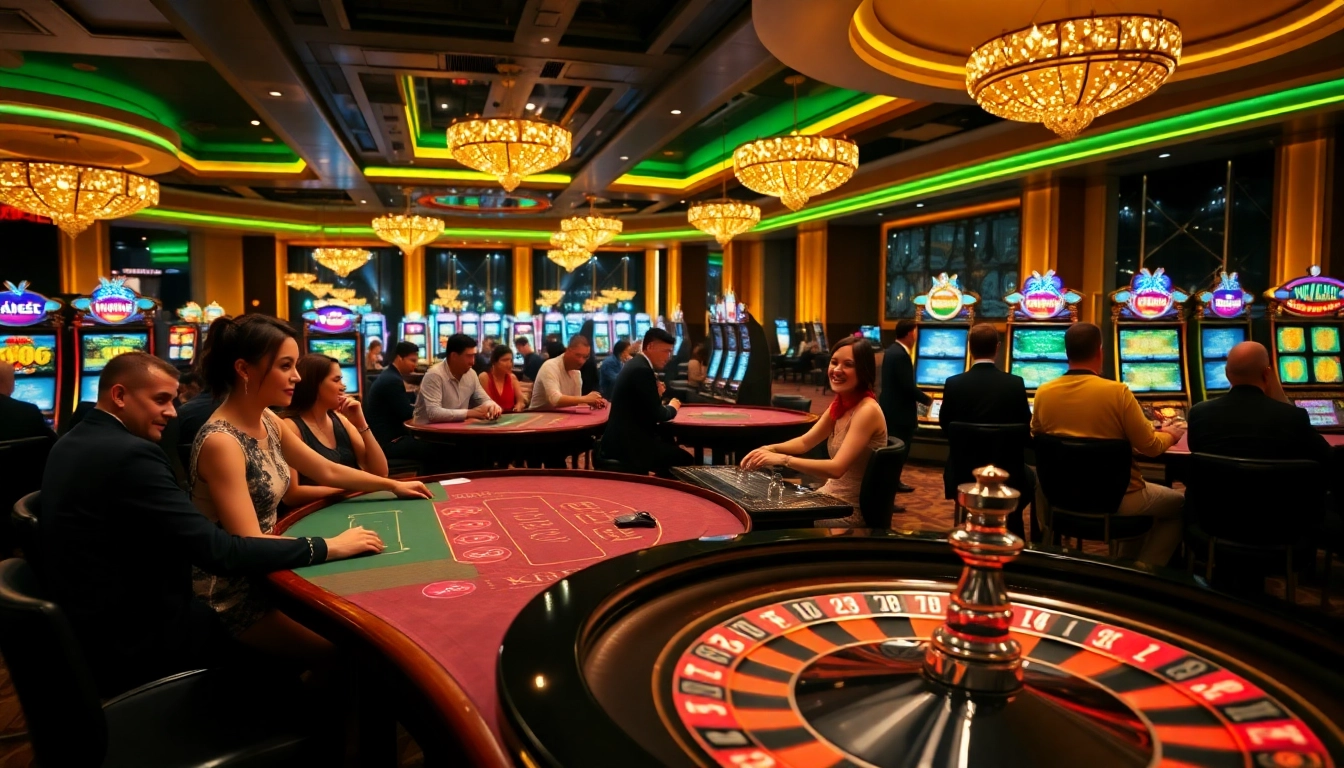 KJC-themed casino experience featuring vibrant games, elaborate poker tables, and sparkling slot machines.