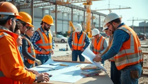 Construction workforce development training session featuring diverse workers collaborating on projects.