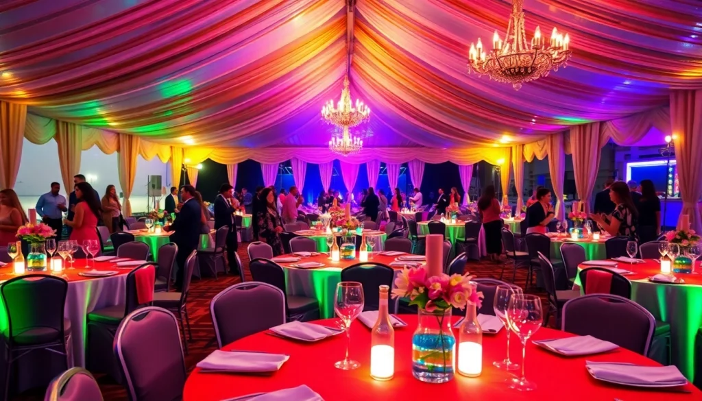 Las Vegas Party Rentals showcasing an elegant tent setup with colorful tables and festive decor.