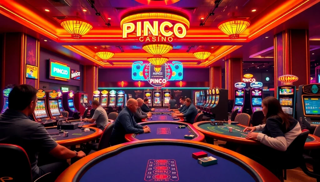 Pinco Casino oyun reyi mühitində canlı oyunçular və parlaq slot maşınları ilə dolu bir casino görünüşü.