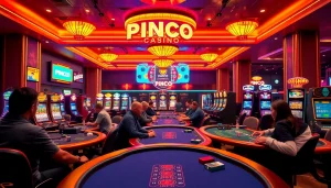 Pinco Casino oyun reyi mühitində canlı oyunçular və parlaq slot maşınları ilə dolu bir casino görünüşü.