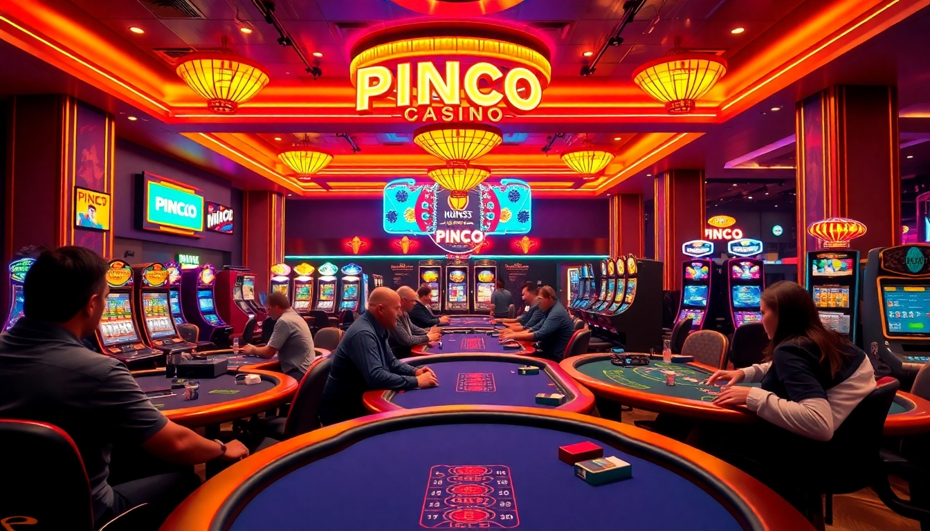 Pinco Casino oyun reyi mühitində canlı oyunçular və parlaq slot maşınları ilə dolu bir casino görünüşü.