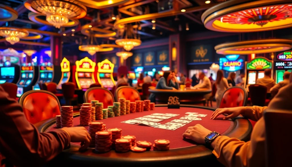 The excitement of an intense poker game at a casino featuring 88i themed chips, stunning cards, and a lively atmosphere.