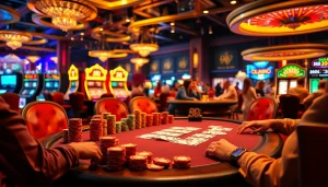 The excitement of an intense poker game at a casino featuring 88i themed chips, stunning cards, and a lively atmosphere.