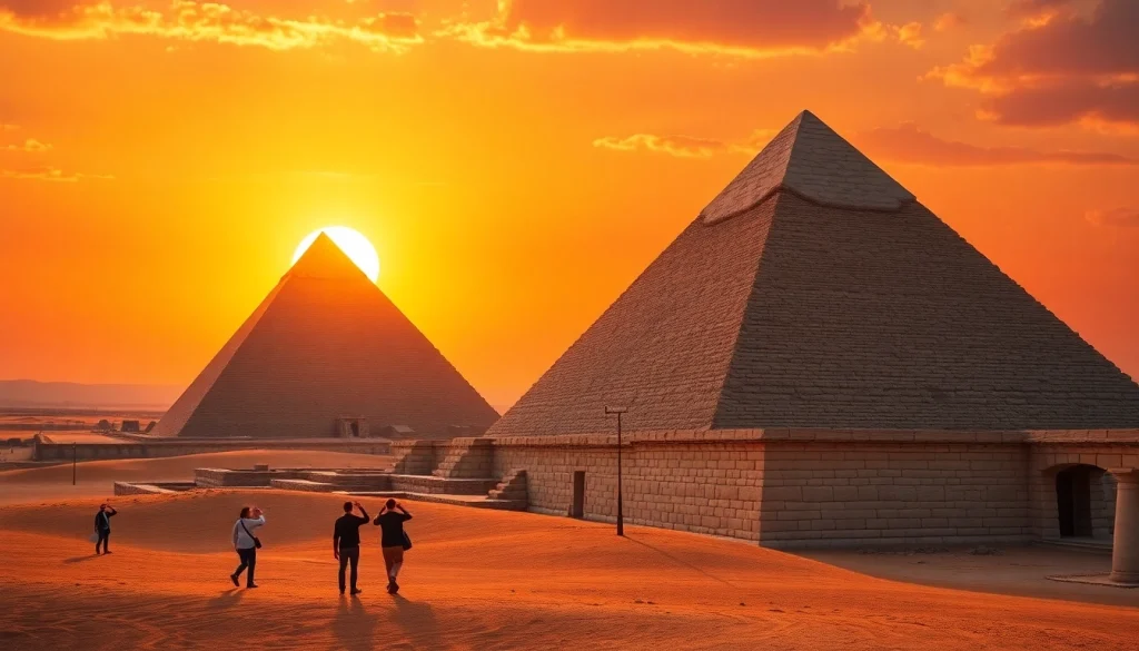 Tourists admiring the majestic piramids against a vibrant sunset backdrop.
