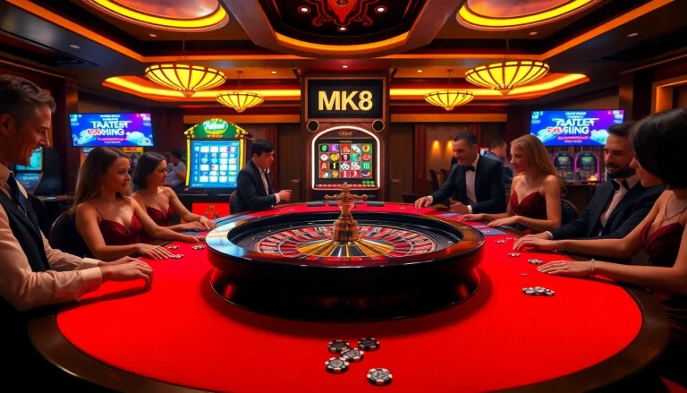 Exciting casino action with MK8 promotions showcasing roulette and vibrant gaming atmosphere.