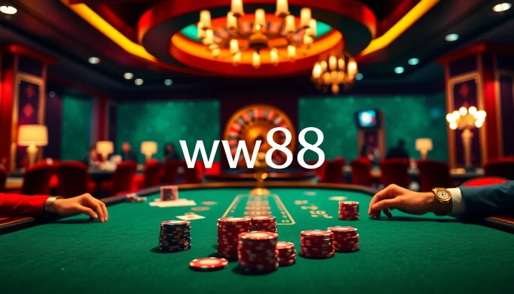 Players excitedly betting at the ww88 poker table, surrounded by casino glamour and vibrant atmosphere.