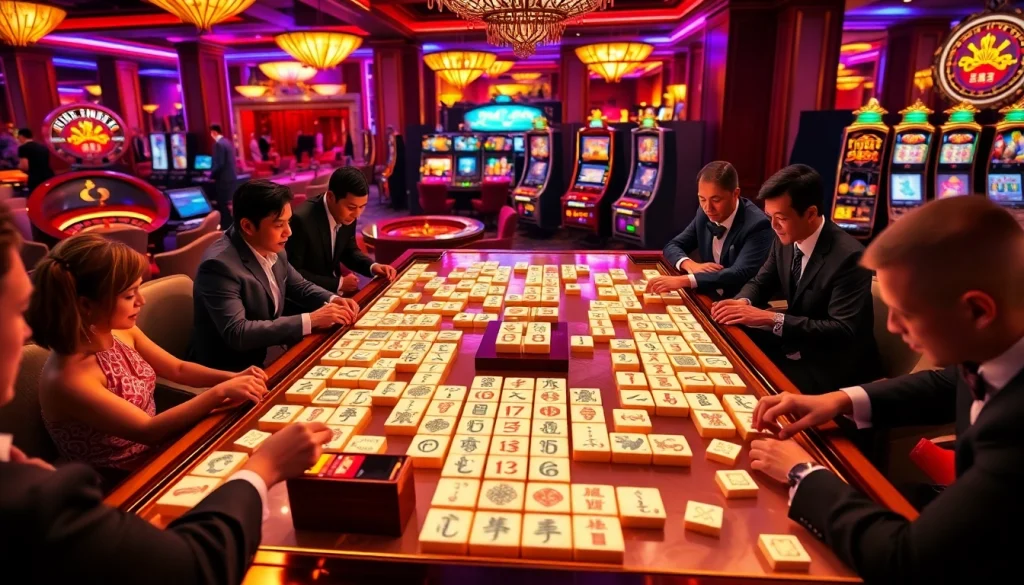 Players engage in an intense link mahjong game amidst a luxurious casino setting.