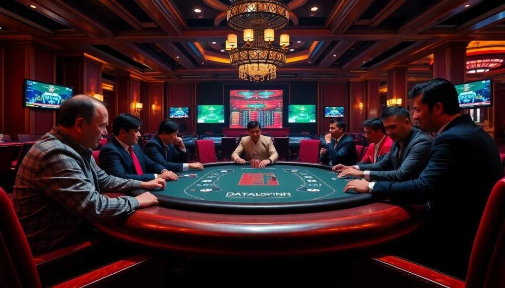 Para pemain yang terlibat dalam poker taruhan tinggi di meja kasino yang elegan, menggambarkan esensi Datukwin Alternatif.