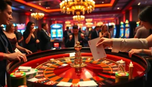 Engaged players at a roulette table showcasing BDTK66 in a vibrant casino atmosphere.