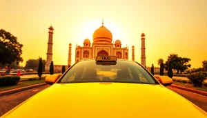 Agra Taxi service with a clean cab in front of the Taj Mahal at sunset, highlighting convenience and iconic scenery.