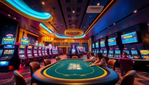 Kubet online casino showcasing vibrant slot machines and engaging poker table environment.