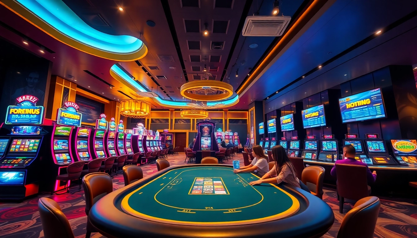 Kubet online casino showcasing vibrant slot machines and engaging poker table environment.