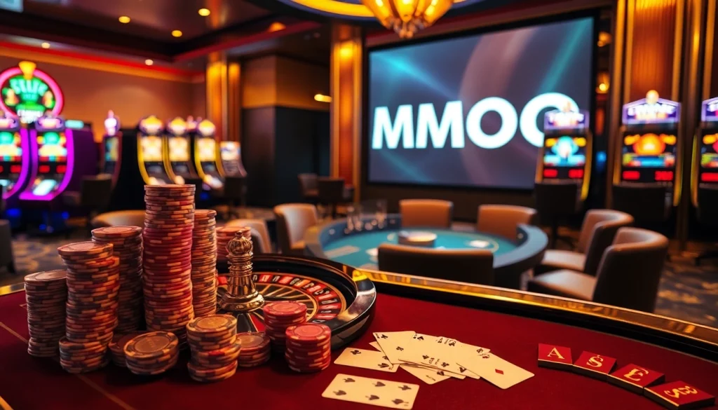 Engaging scene of gambling at a luxurious casino table featuring MMOO cards and chips.
