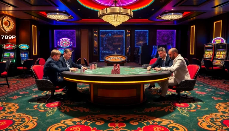Experience the thrill of 789P with players at an upscale poker table, surrounded by vibrant casino elements.