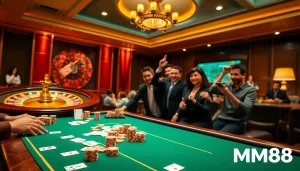 Players winning big at an MM88 casino table, showcasing excitement and luxury in gambling.