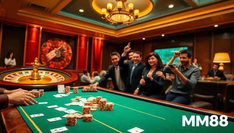 Players winning big at an MM88 casino table, showcasing excitement and luxury in gambling.