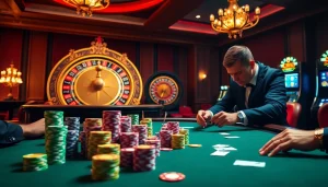 Experience the thrill of 5z7776 com with a luxurious poker game showcasing vibrant chips and intense players.