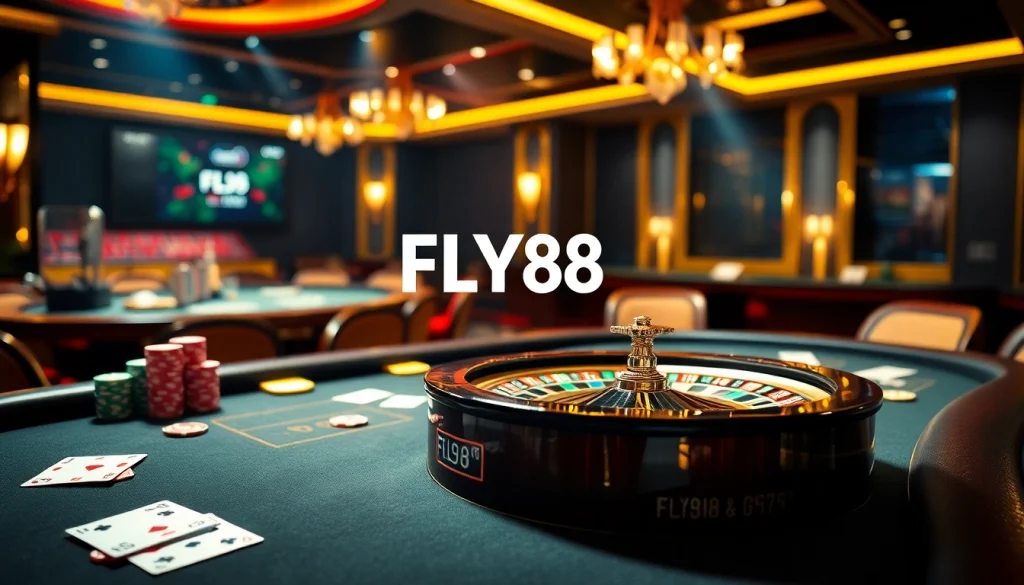 Experience the excitement of FLY88 at a luxurious casino table with vibrant chips and cards.