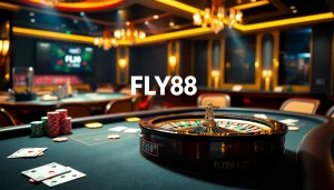 Experience the excitement of FLY88 at a luxurious casino table with vibrant chips and cards.