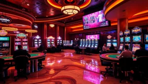 The hidden wiki url shines in a luxurious casino scene featuring poker tables, slot machines, and vibrant neon lights.