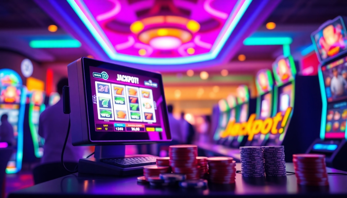 Menangkan slot depo 1k di tempat permainan dengan suasana casino yang ceria dan LED berwarna-warni.