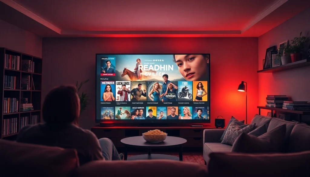 Experience the Rebahin streaming platform in a cozy living room with vibrant movie displays.