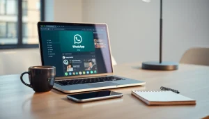 在现代工作空间中，使用笔记本电脑和智能手机进行 WhatsApp Web 聊天。