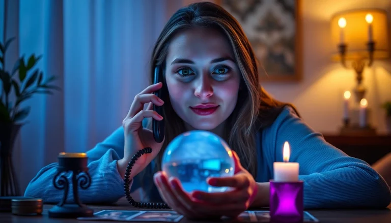 静かな雰囲気と神秘的な小物に囲まれて、電話占い 当たるの電話相談を受けている人。
