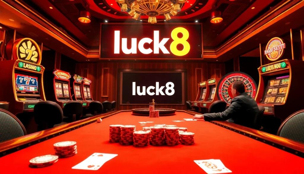 Players enjoying a thrilling poker match at the luck8 casino, surrounded by vibrant slot machines.