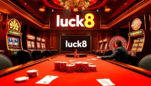 Players enjoying a thrilling poker match at the luck8 casino, surrounded by vibrant slot machines.