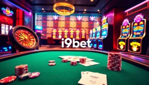 Engaging online casino scene showcasing i9bet with roulette wheel, poker chips, and slot machines.