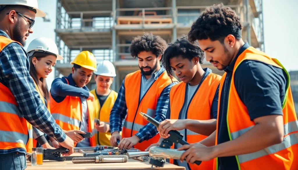 Engaged trainees in a construction apprenticeship actively learning on site.