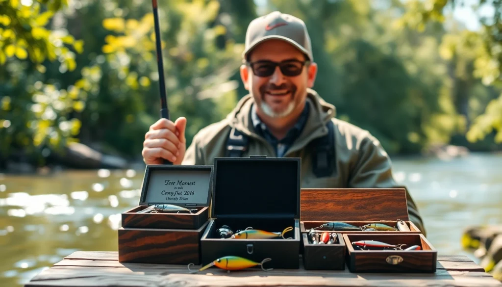 Showcasing unique fishing gifts designed for passionate anglers in a picturesque riverside area.
