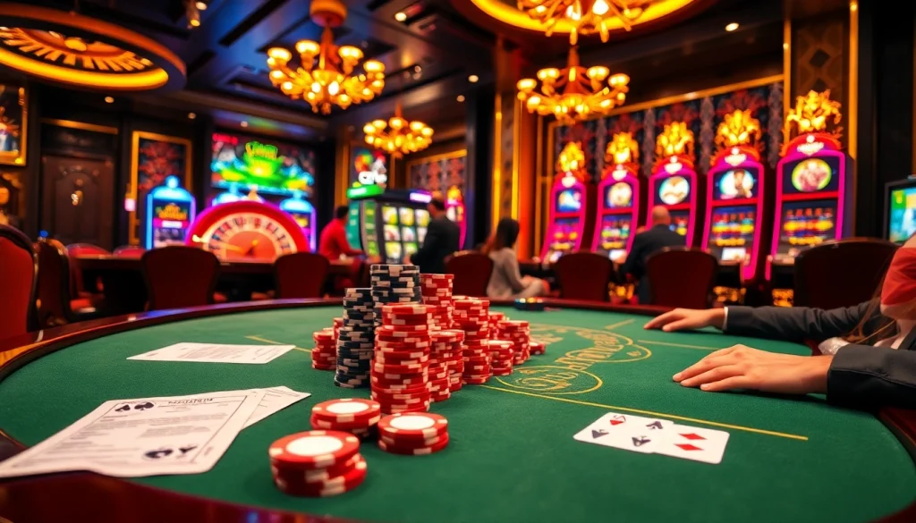 Experience the excitement of gambling at https://xibet1.com/ with a vibrant casino scene featuring a poker table and roulette wheel.