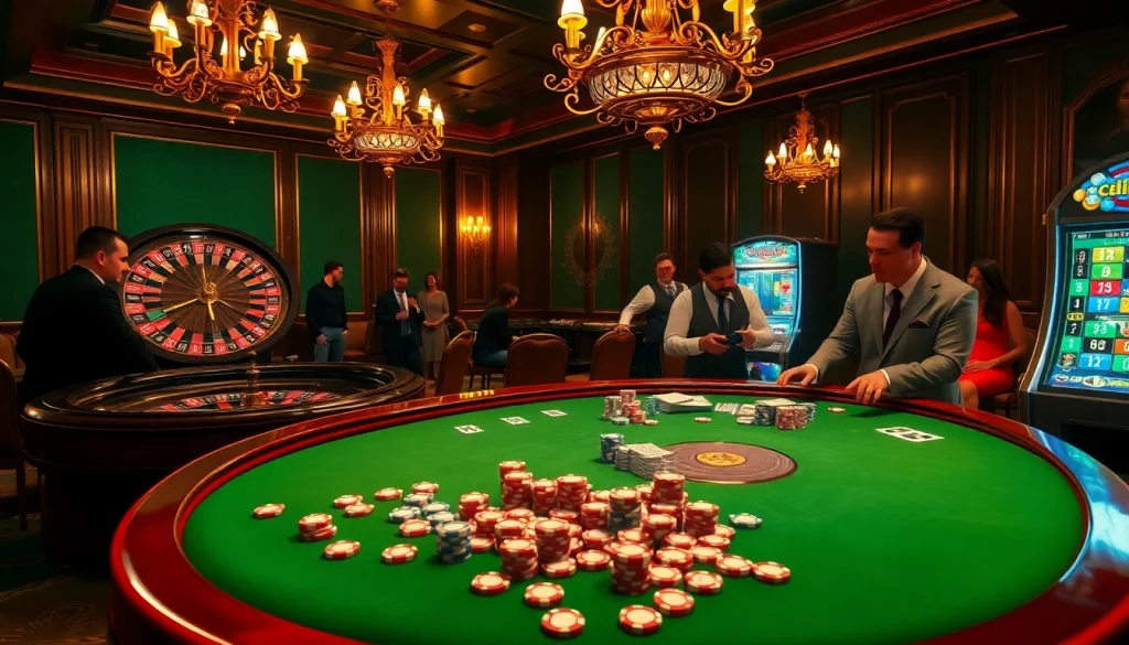 Une scène vibrante de casino en ligne avec des jeux de poker, des roues de roulette et des machines à sous montrant de l'excitation.