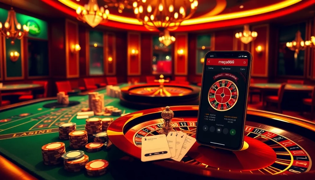 Aplikasi Mega888 dimuat turun pada telefon pintar di tengah-tengah persekitaran kasino yang meriah.