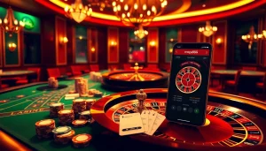 Aplikasi Mega888 dimuat turun pada telefon pintar di tengah-tengah persekitaran kasino yang meriah.