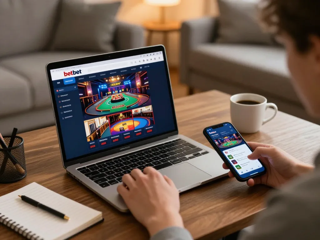 Engaging online gaming experience with betbet app on laptop and smartphone in a cozy home setting