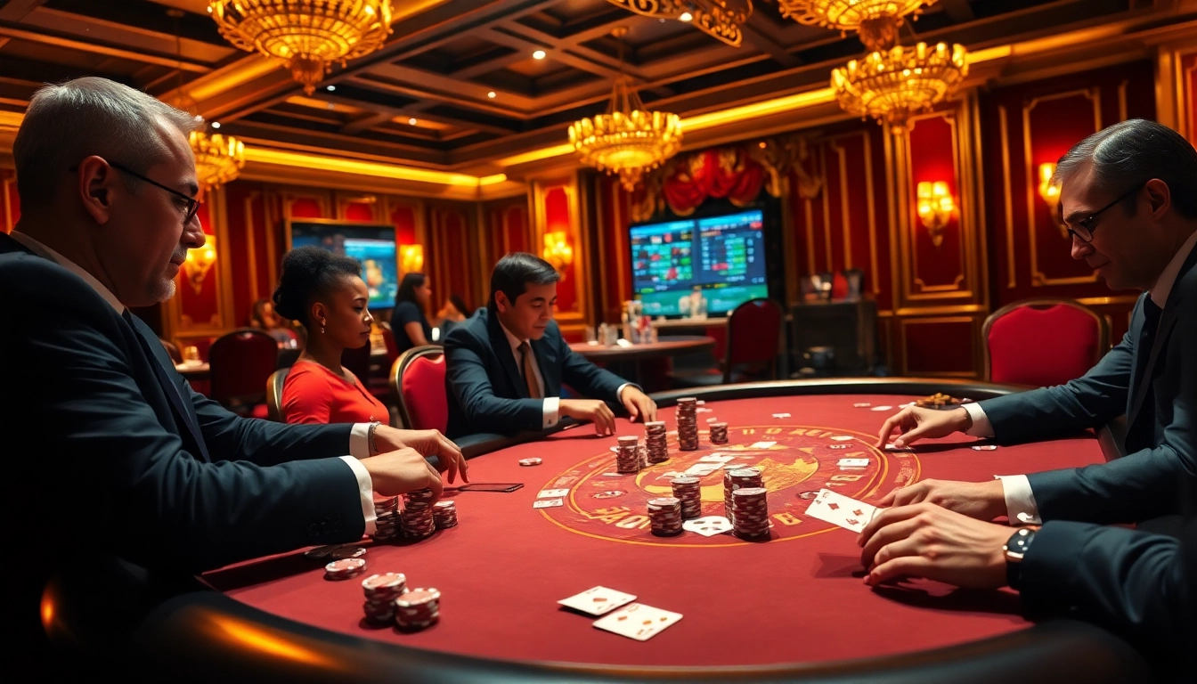 Intense poker game at site xxgg capturing excitement and luxury in a vibrant casino setting.