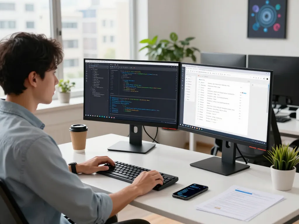 Developer at a modern workspace showcasing 谷歌浏览器 features with dual monitors and a vibrant office setting.