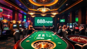 Experience an exciting casino atmosphere with players betting at a poker table featuring 888new.